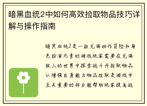 暗黑血统2中如何高效捡取物品技巧详解与操作指南